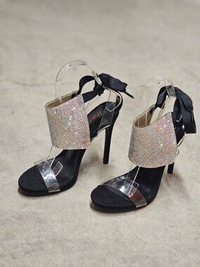 Black High Heel Sandals With Rhinestone Embellished Panels Clear Straps & Ribbon